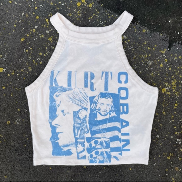 Nirvana Graphic Cropped Tank Top Cream with Blue Print Kurt Cobain size Medium - Picture 7 of 7